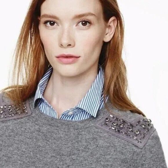J. Crew  XS Sweater Gray Jeweled-Shoulder Cashmere Knit Pullover Crewneck - Picture 2 of 16